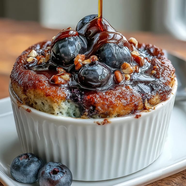 Golden baked oatmeal topped with blueberries, maple drizzle, and chopped nuts for a cozy, nourishing morning meal.  
