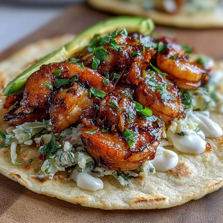 Juicy honey garlic shrimp tacos topped with zesty red cabbage slaw and sliced avocado.  