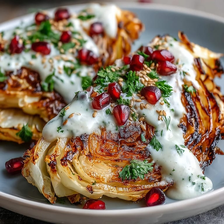 Smoky grilled cabbage wedges drizzled with creamy tahini sauce and topped with fresh parsley and pomegranate seeds.