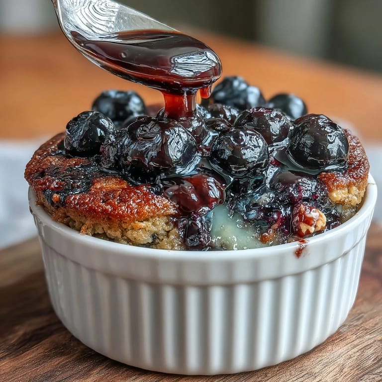 Single-serve blueberry baked oats, naturally sweetened with banana and maple syrup, served warm in a rustic ramekin.