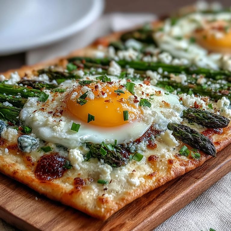 Elegant asparagus and egg flatbread with crisp edges, savory parmesan, and a hint of lemon zest for a light meal.