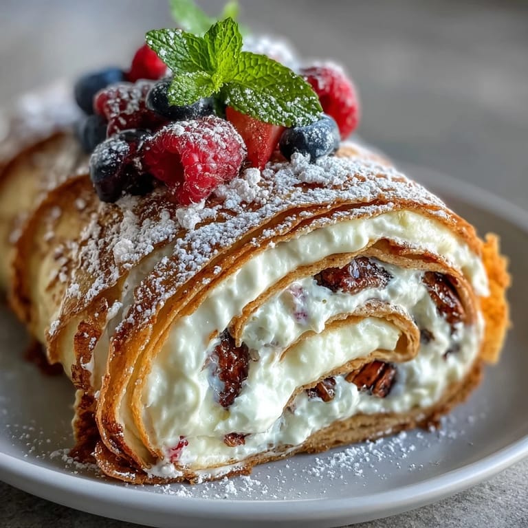Impressive crepe roll cake featuring soft crepes, luscious cream, and vibrant berries, a stunning centerpiece dessert.