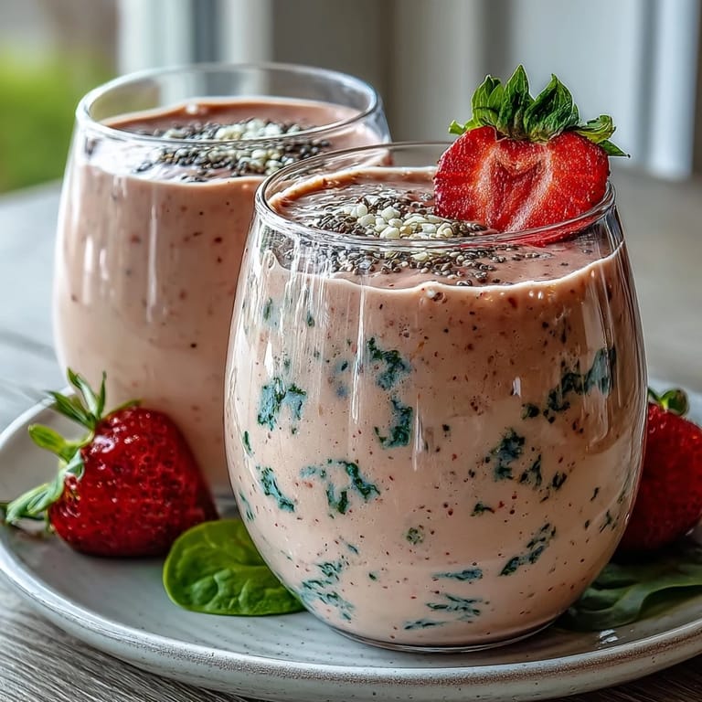 Creamy strawberry spinach smoothie with frozen banana, packed with vitamins and perfect for a quick breakfast or snack.