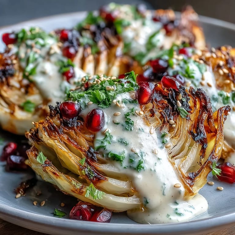 Charred cabbage wedges served with tahini sauce, garnished with parsley and pomegranate seeds for a vibrant, healthy dish.