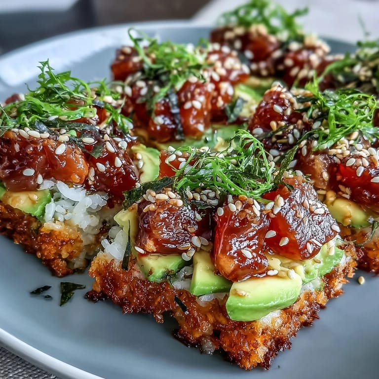 Savory crispy rice salad with creamy avocado and spicy tuna, a delightful bite.