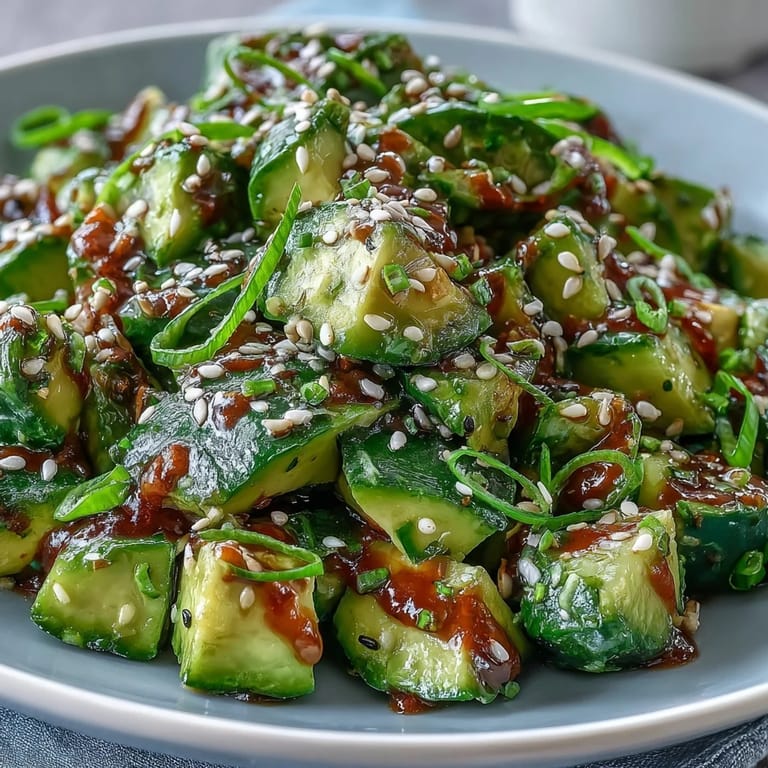Juicy smashed cucumber avocado salad glistening with sesame oil, a perfect light lunch.