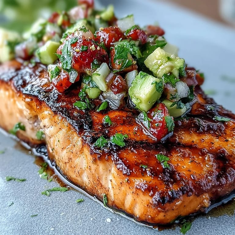 Beautifully seared salmon with a bright, zesty strawberry avocado salsa, ideal for entertaining guests.