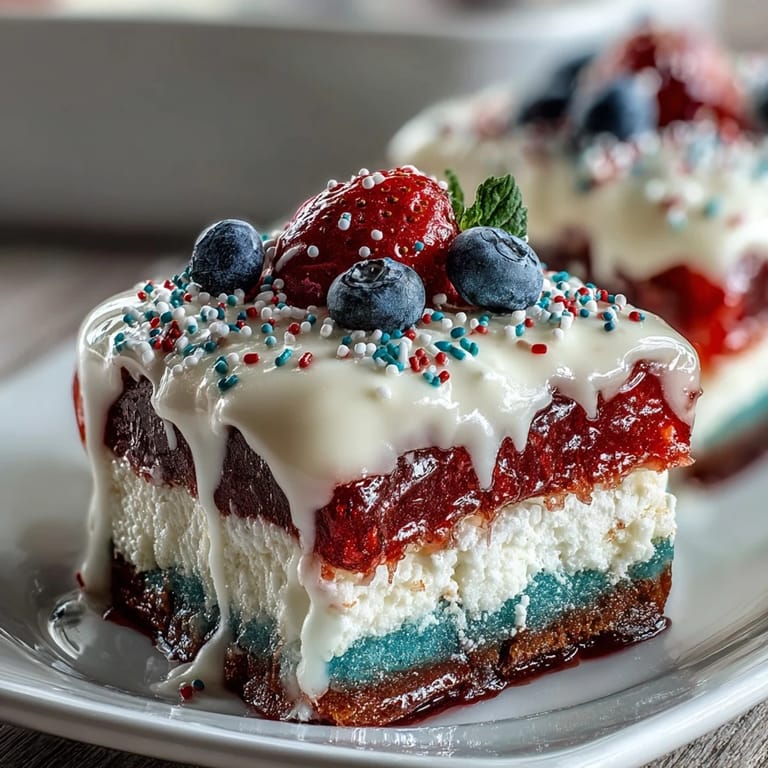 Moist Patriotic Poke Cake showcasing colorful gelatin layers alongside smooth white chocolate ganache.