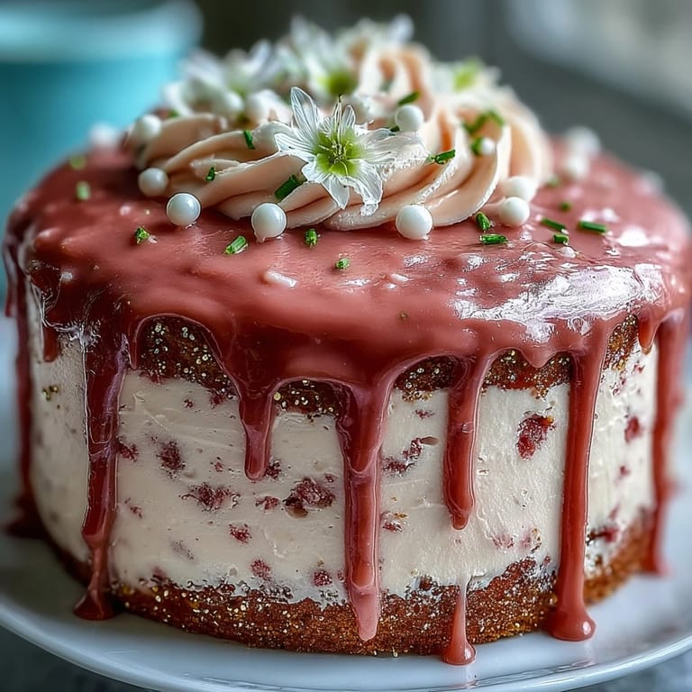 Soft, moist Rosé Velvet Cake showcasing a cascading elegant gold drip, perfect for celebrations.