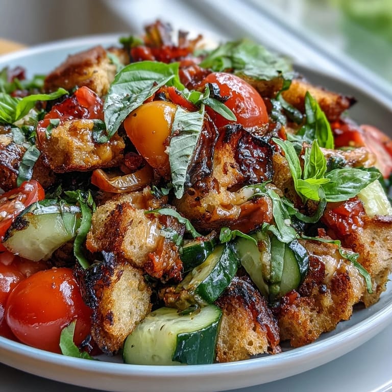 Delicious Summer Panzanella topped with fresh basil, perfect for outdoor dining enjoyment.
