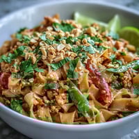 Creamy Thai-Inspired Peanut Noodle Bowls with ground chicken, crisp vegetables, and chopped roasted peanuts garnish.