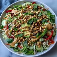 Fresh Vegan Spring Roll Salad with Peanut Dressing features crunchy cabbage, carrots, and herbs tossed in a creamy, zesty sauce for a light lunch.