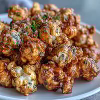 Gourmet truffle oil popcorn sprinkled with Parmesan and garlic, a luxurious snack perfect for movie night.  