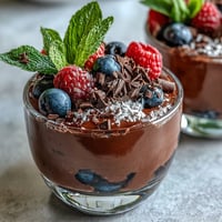 Velvety chocolate mousse made with cottage cheese, topped with fresh berries and a sprinkle of dark chocolate shavings.