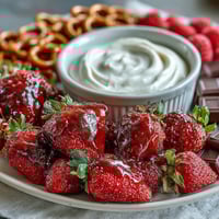 A colorful Galentines snack board with leftover strawberries, creamy yogurt dip, and an assortment of sweet and savory dippers for sharing.