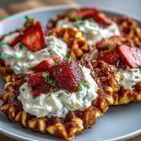 Fluffy heart-shaped waffles drizzled with creamy cottage cheese whip and topped with juicy strawberries, perfect for a romantic breakfast or brunch.