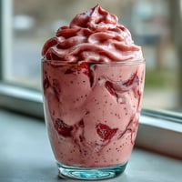 A vibrant, creamy smoothie blending fresh strawberries, banana, and protein powder, topped with chia seeds for a nutritious breakfast boost.