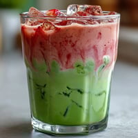 Strawberry Matcha Iced Latte with Oat Milk in a tall glass, showcasing vibrant red strawberry puree layered with creamy oat milk and frothy green matcha on top.