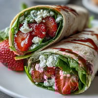 Fresh strawberry spinach wraps with creamy goat cheese and balsamic glaze, served on a rustic wooden board.  
