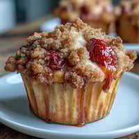 A golden batch of strawberry sourdough muffins with a buttery crumb topping, fresh berries peeking through the tender crumb.