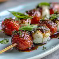 Picnic Caprese Skewers with Balsamic Drizzle featuring juicy cherry tomatoes, fresh mozzarella, and basil, drizzled with sweet-tangy balsamic reduction.