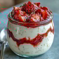 Fluffy yogurt overnight oats with strawberry swirl, creamy and layered for a dreamy breakfast treat.
