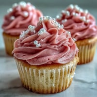 Bridal shower vanilla cupcakes with pink frosting, topped with edible pearls for a festive dessert display.