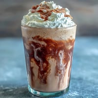 Creamy vanilla bean frappuccino protein shake with frothy vanilla ice and whipped cream topping.  