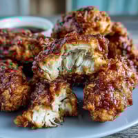 Crispy Southern fried chicken with honey butter biscuits, golden and juicy, served on a rustic wooden board.