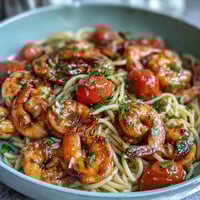 One-Pot Garlic Shrimp with Angel Hair pasta in a bright lemon-garlic sauce, topped with fresh parsley and cherry tomatoes.