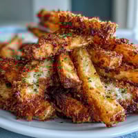 Golden, crispy baked chicken parmesan fries arranged in a single layer, ready for dipping in warm marinara sauce.