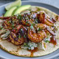 Crispy honey garlic shrimp in warm tortillas with crunchy cabbage slaw and creamy lime crema.  