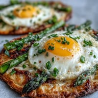 Crispy flatbread with asparagus and a baked egg, topped with parmesan and fresh herbs for a perfect brunch dish.  