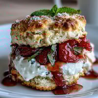 Juicy strawberry basil shortcake biscuits with fluffy whipped cream, ready to enjoy.