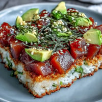 Vibrant crispy rice salad with avocado and spicy tuna, ready to eat.
