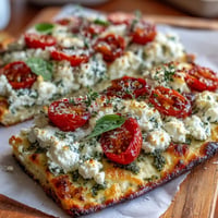Viral cottage cheese flatbread swirled with pesto and topped with fresh, bright tomatoes.