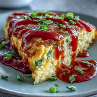 Close-up of Japanese Omurice with ketchup rice and a glossy ketchup drizzle.